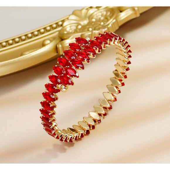 Gold Red Rhinestone Cuff Bracelet Cubic Zirconia Tennis Bracelets for Women - Picture 3 of 7